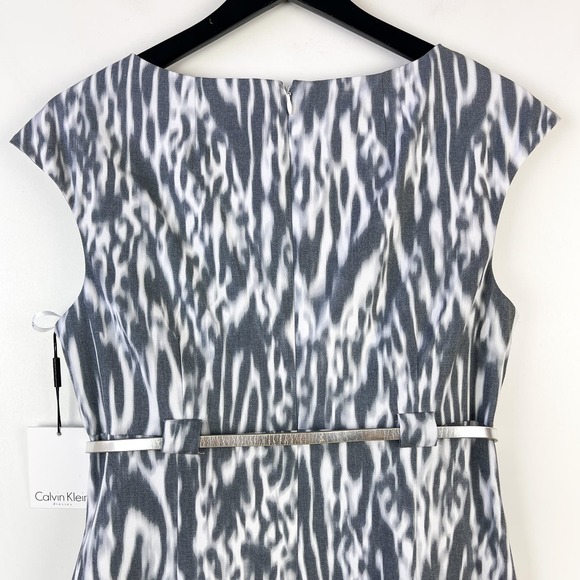 NWT Calvin Klein Womens (8) Knee Length Sheath Boat Neck Dress Gray Belted - Picture 6 of 12